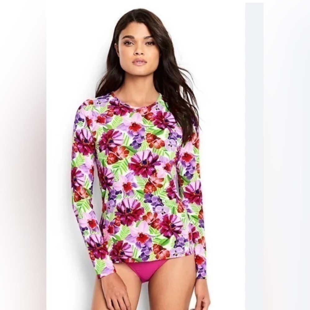 Lands" End pink green Hawaiian tropical long sleeve Bikini size 8 size medium